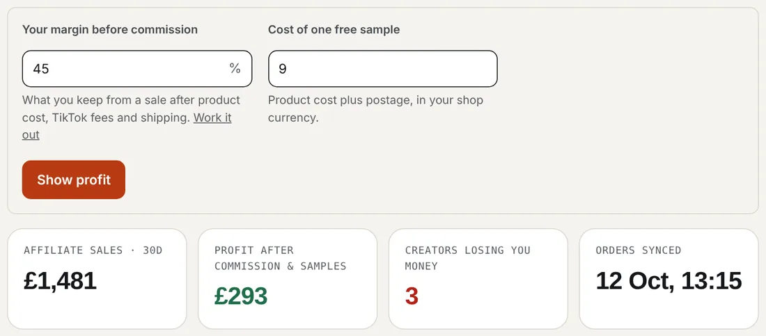 Two settings, margin before commission and cost of one free sample, and the resulting profit totals